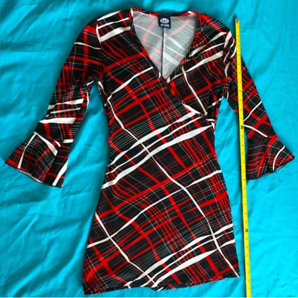 90’s Rue21 sexy wrap style red/black/white super short, plunging vneck minidress